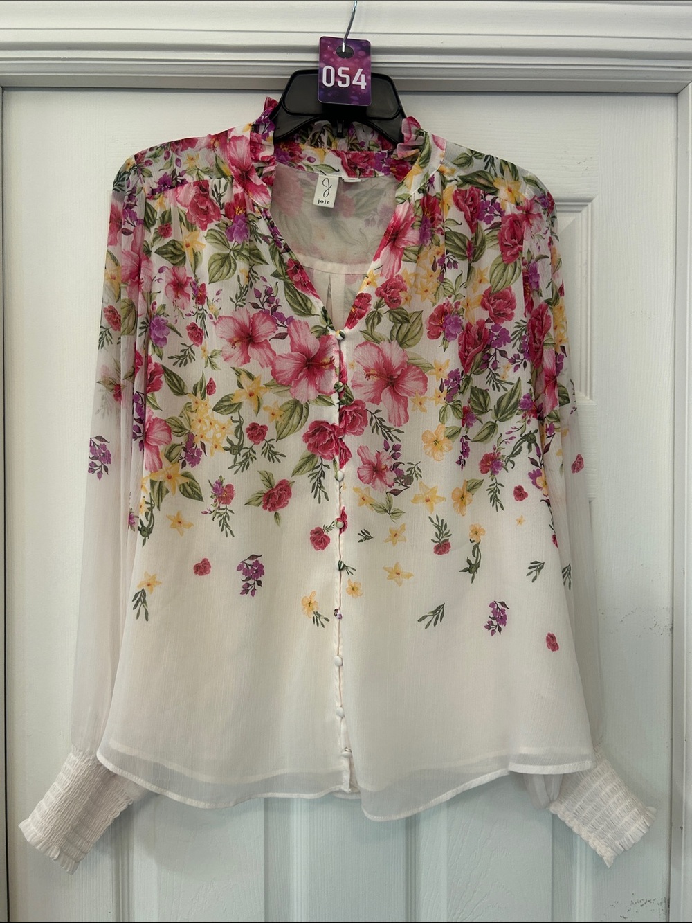 Joie White Sheer Floral Button Blouse with Pink & Yellow Flowers